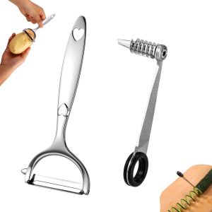 Vegetable Spiralizer and Vegetable Peeler,Stainless Steel Spiral Cutter Zinc Alloy Peeler Set Practical Kitchen Knives for Cucumbers,Potatoes,Carrots,Apples (Silver) - Neuf