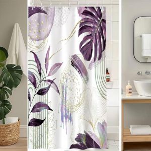 KALANKA-Rideau Douche Anti Moisissure, Rideau de Douche 120x180cm Lavande Tropicale Feuilles de Palmier Jungle Violet Rideaux de Baignoire Tissu Lavable Imperm&eacute;able Rideaux de Bain avec 8 Crochets - Neuf