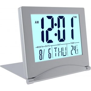 KAL-Réveil Numérique Pliable Lcd Horloge Digitale Avec Rétro-Éclairage - Alarme Réveil De Table Avec Indication Du Jour, Date Et Température - Horloge Calendrier Avec Date Jour Et Heure - Argent - Neuf