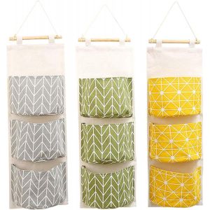 Lot de 3 jolis sacs de rangement en lin à suspendre derrière une porte murale pliable pour ranger de petits objets dans l'entrée, jouets, bijoux, clés, 3 poches, vert - Neuf