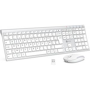 Clavier Souris sans Fil, 2,4GHz Ensembles Clavier et Souris Silencieux, Ultra-Fin, USB-C Batterie Longue Durée, pour Windows, PC, Laptop, Computer AZERTY Français- Blanc Argent - Neuf