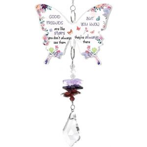 MEVRONISSHOP-Carillon à Vent Papillon Cristal Suspendu Ornement Décoratif avec Fleurs et Message Inspirant Cadeaux pour Les Amitiés Féminines pour la Décoration de Jardin Extérieur et Intérieur - Neuf