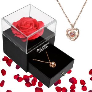 Cadeau Noel Femme Rose Eternelle avec Bo&icirc;te Coffret Cadeau Femme Pr&eacute;serv&eacute;e Rose avec Je t'aime Collier Fleur Eternelle Faite &agrave; la Main Cadeau Noel Maman Mamie Grand Mere Couple Soeur Amie Anniversaire - Neuf