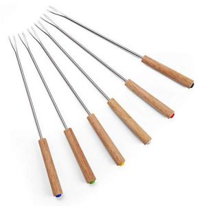 Lot De 6 Fourchettes À Fondue Au Fromage Avec Manche En Bois, Pique À Fondue En Acier Inoxydable, Pique À Fondue Bordeaux, Fourchette À Chocolat 24 Cm Pour Barbecue, Pain, Légumes - Neuf