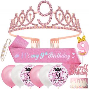 ERYI-9Ans Decoration Anniversaire Fille,9Ans Echarpe Et Couronne Anniversaire,Ballon Anniversaire Fille 9 Ans,Bougie 9 Ans,Happy 9Th Birthday Cake Toppers,Épingle À Perles,9 Anniversaire Princesse - Neuf