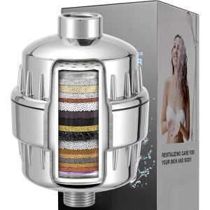LKJKJ-Filtre de Douche à Haut Rendement Avec Cartouches Remplaçables, Filtre de Douche à Eau Dure en 20 Étapes pour Éliminer le Chlore et Les Métaux Lourds, Adoucissement de l'eau (Chrome) - Neuf