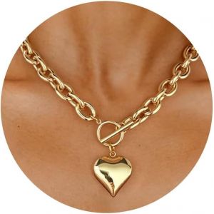 Chunky Heart Necklace For Women Chunky Necklace Gold Polished Chunky Chain With Large Puffed Heart Pendant Choker Necklace With Ot Clasp, Brass, Brass, No Gemstone - Neuf