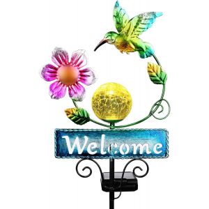 Lampe Solaire De Jardin, Statue Colibri En M&eacute;tal Lumi&egrave;re Solaire Exterieur, Boule En Verre Fissur&eacute; &Eacute;tanche Avec Led Jaune Chaud, Veilleuse D&eacute;corative De Jardin Pour Pelouse Patio - Neuf