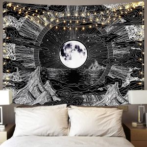 Tapisserie Murale, Psychédélique, Avec Motif Lune, Étoile Et Nuage, Noir Et Blanc, Pour Chambre, 150 X 200 Cm - Neuf