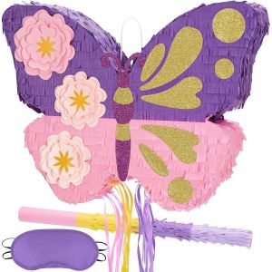 Teppc-Piñata Papillon - Piñata Papillon Rose Violet Pour Fête D'anniversaire Avec Bâton Et Bandeau Pour Filles Et Enfants Décorations De Fêtes Familiales À Tirer Sur Le Thème Papillons - Neuf
