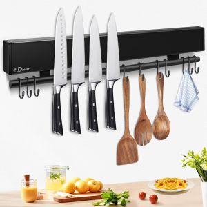 Oayew-Barre Magn&eacute;tique Pour Couteaux Avec 10 Crochets, 43 Cm, Porte-Couteaux Magn&eacute;tique Noir, Avec Barre &Agrave; Crochets, Porte-Couteaux Aimant&eacute;, Ruban Adh&eacute;sif Et Vis, Pour Couteaux Et Ustensiles - Neuf