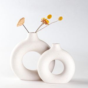 Lot de 2 vases en céramique en Donut Blanc pour décoration d'intérieur Moderne,vases Ronds Mat pour Herbe de la Pampa,Style Minimaliste Nordique Neutre (Super Grand+Grand) - Neuf
