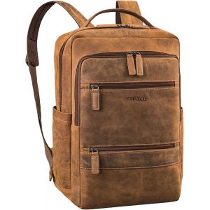 LETNERNY-Torben' Sac Ordinateur Portable Cuir 15-16 Pouces - Grand Sac À Dos En Cuir Véritable Grande Capacité - Sac À Dos Travail Homme Et Femme Système D'Attache Trolley, Couleur Bergamo - Marron - Neuf