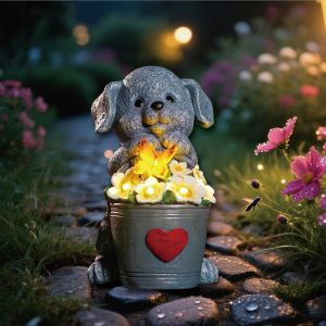 Mevronisshop-D&eacute;coration De Jardin Solaire De 17 Cm, Figurines De Jardin De Chien Avec Papillons Pour L'ext&eacute;rieur, Cadeaux Pour Femmes, Cadeaux Uniques Pour Les M&egrave;res, Les Amoureux - Neuf