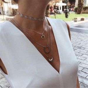 Collier Pendentif Etoile Lune Quatre Couches De Style Euramericain, Bijoux Cadeaux - Neuf