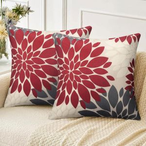 Cauc-Housses Coussins Rouge Et Gris Fleurs De Dahlia Taie D'oreiller En Lin Housse De Coussin D&eacute;coration Pour Chambre, Canap&eacute;, Chaise, Lit,Jardin, 45x45cm, Lot De 2 - Neuf