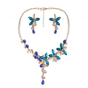 Ensemble De Bijoux Fantaisie Pour Femme, Collier Et Boucles D'oreilles En Forme De Feuille Et De Fleur, Avec Strass (Bleu) - Neuf