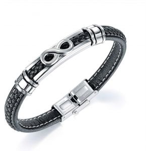 Eryi-Infini Bracelet Cuir Noir Acier Inoxydable Fermoir 21.5cm B310 - Neuf