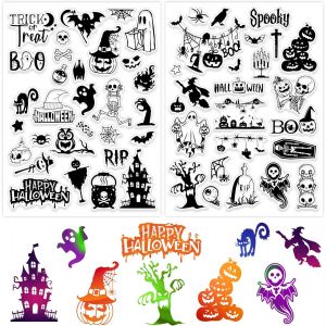 2feuilles Halloween Tampons Transparents Citrouille Squelette Chauve-Souris Araign&eacute;e Fant&ocirc;me Tampons &Agrave; Imprimer D&eacute;coration Scrapbooking Diy Artisanat Cartes Album Photo Pour F&ecirc;te Halloween - Neuf