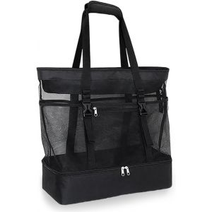 Sac de Plage Noir XXL Famille avec Compartiment Humide Zipp&eacute;,44 * 45 * 21cm Grande Sac de Plage Femme Imperm&eacute;able pour Plage,Voyage,Piscine - Neuf
