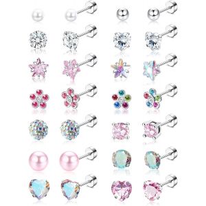 14 Paires Petites Boucles D'oreilles Hypoallerg&iquest;&iquest;Niques Pour Femmes Filles - Acier Chirurgical 316l Mignon Fleur Perles Cz Multicolore Vis Dos - Ensemble - Neuf