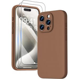 LORANKA-3 en 1 Coque iPhone 15 Pro Silicone Liquide - avec 2 Verre Tremp&eacute; - &Eacute;tui Protection Pr&eacute;cise de Cam&eacute;ra [R&eacute;sistant aux Rayures] [Antid&eacute;rapant] iPhone 15 Pro Case 6.1"", Marron - Neuf