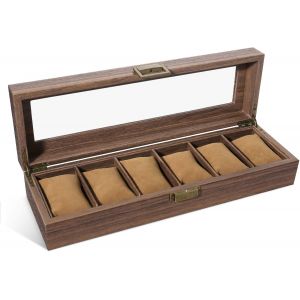 Kal-Boîte À Montres Avec 6 Compartiments, Écrin À Montres Pour Hommes, Vitrine De Montres, Boîte De Rangement Pour Montres Avec Coussin Amovible, Grain De Bois - Neuf