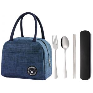 Sac &Agrave; Lunch Bleu Avec Ensemble De Couverts En Acier Inoxydable - 3 Pi&egrave;ces - Neuf