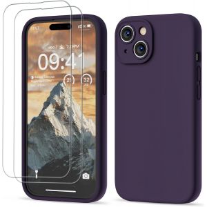 LORANKA-3 en 1 Coque iPhone 15 Silicone Liquide - avec 2 Verre Tremp&eacute; - &Eacute;tui Protection Pr&eacute;cise de Cam&eacute;ra [R&eacute;sistant aux Rayures] [Antid&eacute;rapant] iPhone 15 Case 6.1"", Violet Fonc&eacute; - Neuf