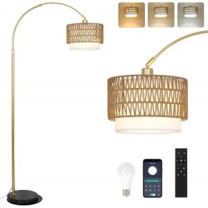 Doré Lampe à arc Salon Lampadaire, Lampadaire Moderne avec Abat-jour en Rotin, Lampadaire Boho avec Télécommande et Ampoule LED, Contrôle App, Lampadaire à intensité variable pour Chambre - Neuf