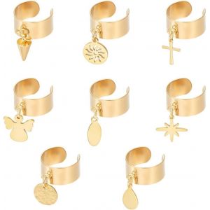 Kalanka-8pcs 8 Style Bague Breloques Acier Inoxydable Avec Breloques Ronds En Forme Ange Croix Bagues Réglables Bague Pour Femme Bague Pour Cadeaux De Noël Du Nouvel An Bague Bijoux - Neuf