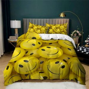 Housse De Couette Smiley Emoji Doodle, 100 % Coton &Agrave; Fibres Longues, Parure De Lit Respirante Et L&eacute;g&egrave;re Avec Fermeture &Agrave; Boutons Dissimul&eacute;e - Neuf