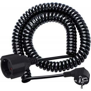 Câble de Rallonge Schuko, Câble Spiralé à Contact de Protection Extensible de 1,25 m à 8 m Max, Câble de d'alimentation IP20(230V/16 A), Câble Spiralé 3 x 1,0 mm² avec Fiche & Pise Schuko,Noir - Neuf