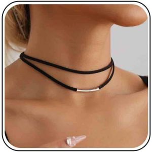 Kal-Collier Ras Du Cou En Cuir Boho Collier De Corde En Cuir Noir Collier Ras Du Cou Avec Barre Argentée Collier Ras Du Cou En Daim Collier De Chaîne En Cordon En Cuir Bijoux Pour Femmes - Neuf