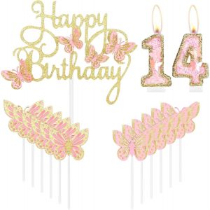 D&eacute;corations De G&acirc;teau D'anniversaire En Forme De Papillon Pour 14e Anniversaire - Num&eacute;ro 14 - Or Rose - Pour D&eacute;coration De G&acirc;teau D'anniversaire De Fille - Pour F&ecirc;te Sur Le Th&egrave;me Des Papillo[Z2802] - Neuf