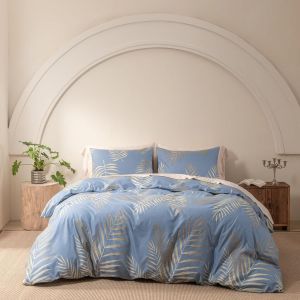 Tzf-Parure De Lit 3 Pi&egrave;ces En Microfibre Douce Avec Housse De Couette De 200 X 200 Cm Et 2 Taies D'oreiller De 80 X 80 Cm - Dor&eacute;/Bleu - Motif Feuilles Dor&eacute;es Et Dor&eacute;es - Neuf