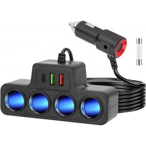 7-En-1 Multi Prise Chargeur Allume Cigare Adaptateur, 120W 12V/24V 4 Prise Chargeur Allume-Cigare Avec 3 Ports(Qc 3.0+Usb 3.1+Pd 3.1) Charge Rapide Pour Iphone/Dash Cam/Gps/Tablette - Neuf