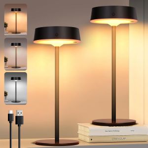Lampe De Table Led Sans Fil & Solaire D'extérieur Avec Interrupteur Tactile, Rechargeable Par Usb, 3 Températures De Couleur, Intensité Variable En Continu Pour Intérieur & Extérieur (Noir*Lot De 2) - Neuf
