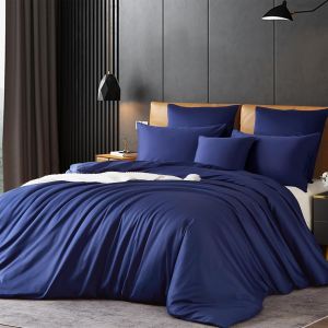 Housse De Couette Coton 240x260cm Satin De Coton Bleu 100% Coton Cool Soie Soyeux Brillant Parure De Lit Coton &Agrave; Longues Fibres Linge De Lit Avec Fermeture &Eacute;clair Et 2 Taies D'oreiller 65x65cm - Neuf