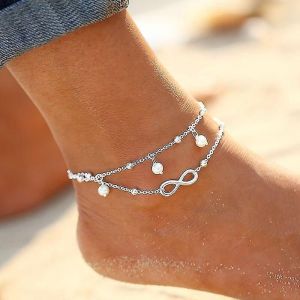 2pcs Bracelet De Cheville Double Chaîne Bracelets De Cheville Infinity Endless Love Symbol Beach Anklet Bracelet Réglable - Neuf