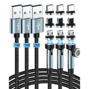 KALCX-Câble De Charge Magnétique 3 En 1,Câble Magnétique Usb C Rotatif De 360 ° Et 180 °,Charge Rapide 3 A Et Transfert De Données,Câble De Charge Magnétique Compatible Avec Micro Usb/Type C/I-P - Neuf