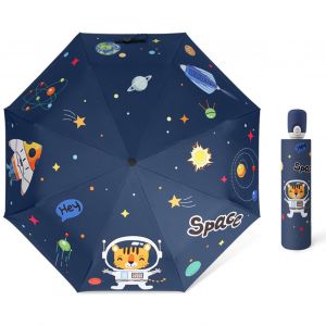 HJLIAN Parapluie de pluie a 8 baleines, ouverture et fermeture automatiques, protection solaire, resistant aux UV, pliable, portable, en vinyle noir avec bande reflechissante, motif vaisseau spatial - Neuf