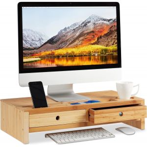 Support Pour &Eacute;cran En Bambou Avec 2 Tiroirs Et Compartiments Pour &Eacute;cran Blanc Cass&eacute; 14 X 60 X 30 Cm - Neuf