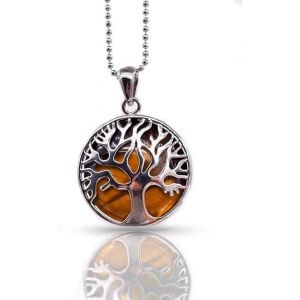 Collier Reiki Avec Pendentif Arbre De Vie En Argent Et Pierre ?il De Tigre - Cristaux, Pierres Chakra, 25 Mm A - Neuf