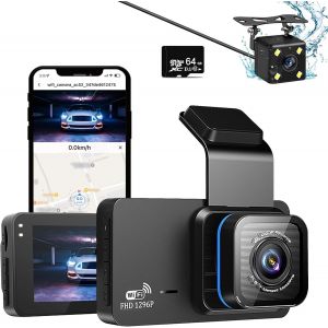JGD-1296P Dashcam Voiture Avant Arri&egrave;re,Camera Voiture, Camera Embarqu&eacute;e Voiture avec Carte SD 64G,WiFi & APP,GPS,Enregistrement en Boucle,&Eacute;cran IPS de 3'',Grand Angle de 140&deg;,Cam&eacute;ra de Recul,Max 128 - Neuf