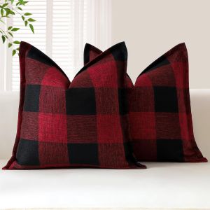 CAUC-Lot de 2 housses de coussin carr&eacute;es d&eacute;coratives &agrave; carreaux de buffle en lin avec bords cousus pour canap&eacute;, lit, salon, 45 x 45 cm (noir et rouge) - Neuf
