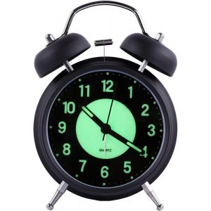 KAL-Réveil Lumineux De 4 Pouces, Double Cloche Analogique Rétro Sans Tickets En Quartz Avec Alarme Sonore Et Lumière De Nuit, Boîtier En Métal (Noir) - Neuf