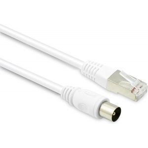 395286 Câble RJ45 / TV coaxial 9,52mm Prise Mâle/Male pour réception Television, TNT, Satellite, Décodeur, Antenne - Fil 5 mètres blindé à contact dorés - Blanc - Neuf