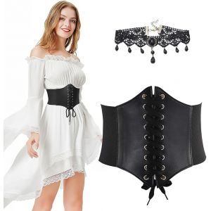 Ceinture Corset Femme Bustier, Ceinture Corset &Agrave; Lacets, Ceintures Corset R&eacute;tro Large, Pour Pardessus Robe F&ecirc;te Jupe Tenue Quotidienne, Avec 1 Collier Choker - Neuf