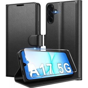 JGD-Coque pour Samsung Galaxy A17 5G en Premium Cuir PU, Portefeuille Housse Etui pour Cartes Protection Anti-Choc Flip Case avec 1 Verre Tremp&eacute; Noir - Neuf